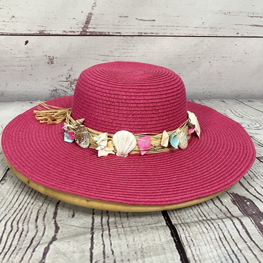 Jaclyn Smith Pink Wide Brim Sun Hat Straw Shell Beach Resort‎ Vacation